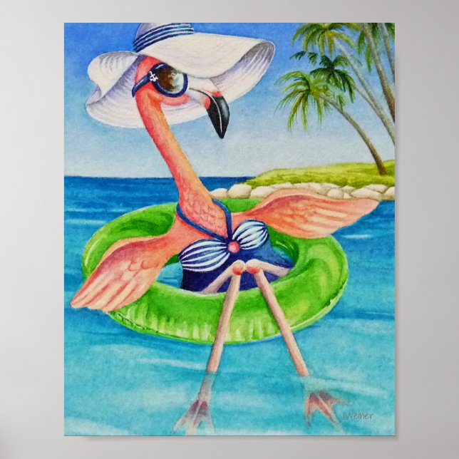 Whimsical Beach Babe Flamingo 3 Wasserfarbe 8x10 Poster (Vorne)