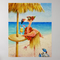 Whimsical Beach Babe Flamingo 4 Watercolor 16x20