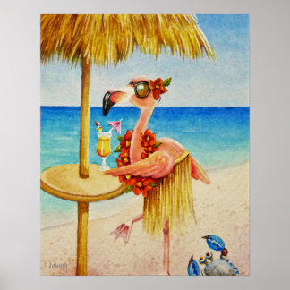 Whimsical Beach Babe Flamingo 4 Watercolor 16x20 Poster