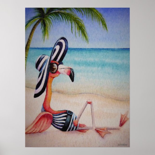 Whimsical Beach Babe Flamingo No. 1 Art 18x24 Poster (Vorne)