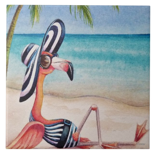 Whimsical Beach Babe Flamingo No. 1 Wasserfarbe Ku Fliese (Vorderseite)