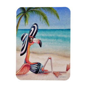 Whimsical Beach Babe Flamingo No. 1 Wasserfarbe Ku Magnet