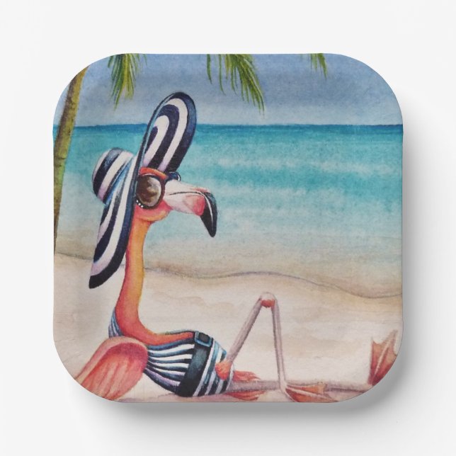 Whimsical Beach Babe Flamingo No. 1 Wasserfarbe Ku Pappteller (Vorderseite)
