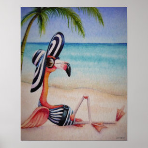 Whimsical Beach Babe Flamingo No. 1 Wasserfarbe Ku Poster