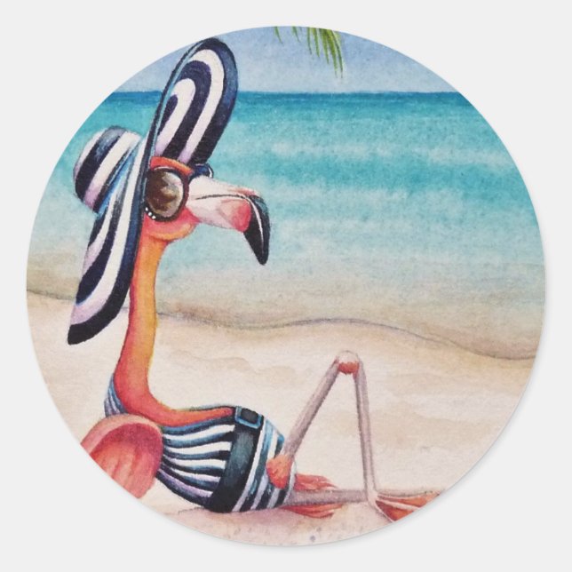 Whimsical Beach Babe Pink Flamingo Nr. 1 Runder Aufkleber (Vorderseite)