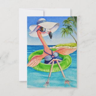 Whimsical Beach Babe Pink Flamingo Nr. 3 Dankeskarte