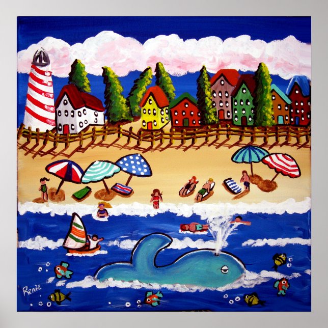 Whimsical Beach Cape Cod Whale Folk Art Poster (Vorne)