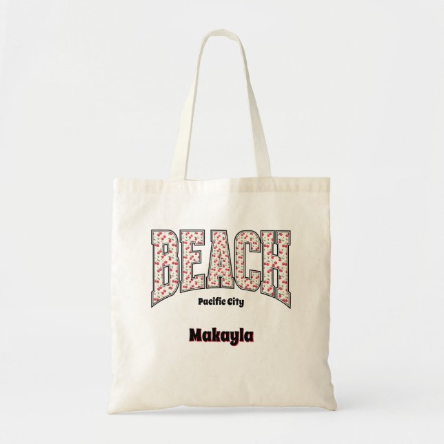 Whimsical BEACH Red Cherry Varsity Letters Tragetasche (Vorne)