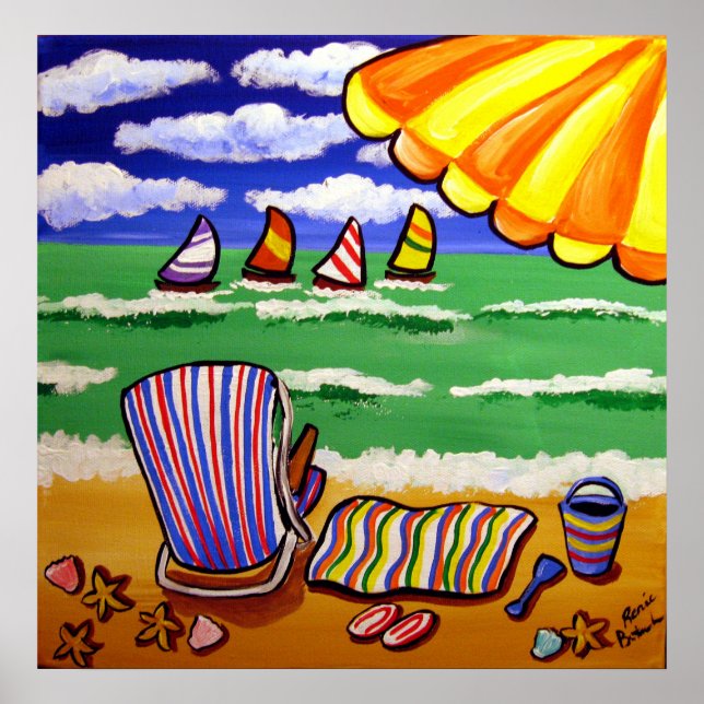Whimsical Beach Regenschirm Livemusik Folk Art Pos Poster (Vorne)