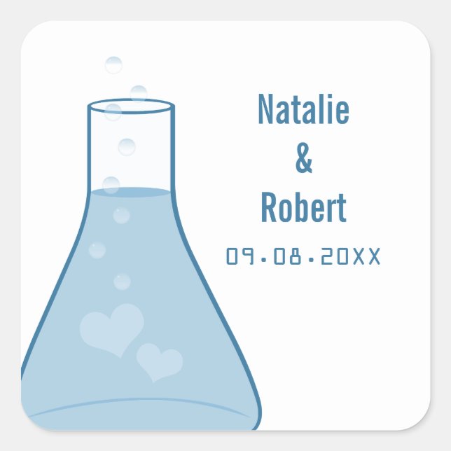 Whimsical Beaker Wedding Stickers, Blue Quadratischer Aufkleber (Vorderseite)