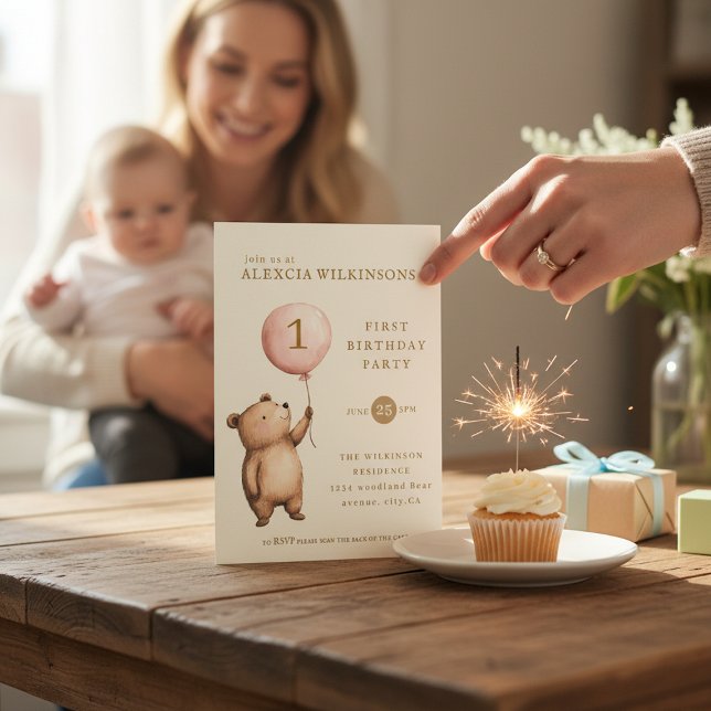 Whimsical Bear "One" Heart Balloon Birthday  Einladung (Von Creator hochgeladen)