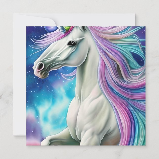 Whimsical Beautiful White Unicorn Pferd mit Flowi Mitteilungskarte (Vorderseite)