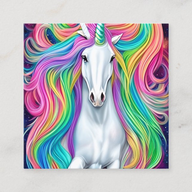 Whimsical Beautiful White Unicorn Pferd mit Flowi Quadratische Visitenkarte (Vorderseite)