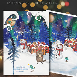 Whimsical Beaver and Snowman Northern Light Feiertagskarte