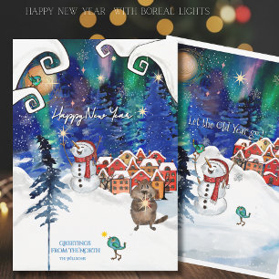 Whimsical Beaver und Schneemann Nordlicht Feiertagskarte
