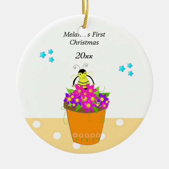 Whimsical Bee Blume Pot Baby's First Christmas Keramik Ornament (Vorne)