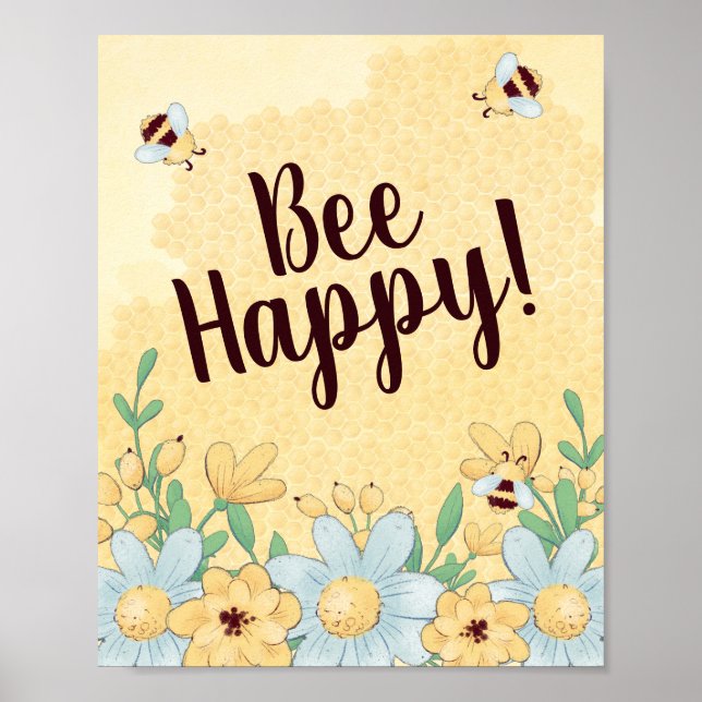 Whimsical Bee Happy Floral Poster (Vorne)