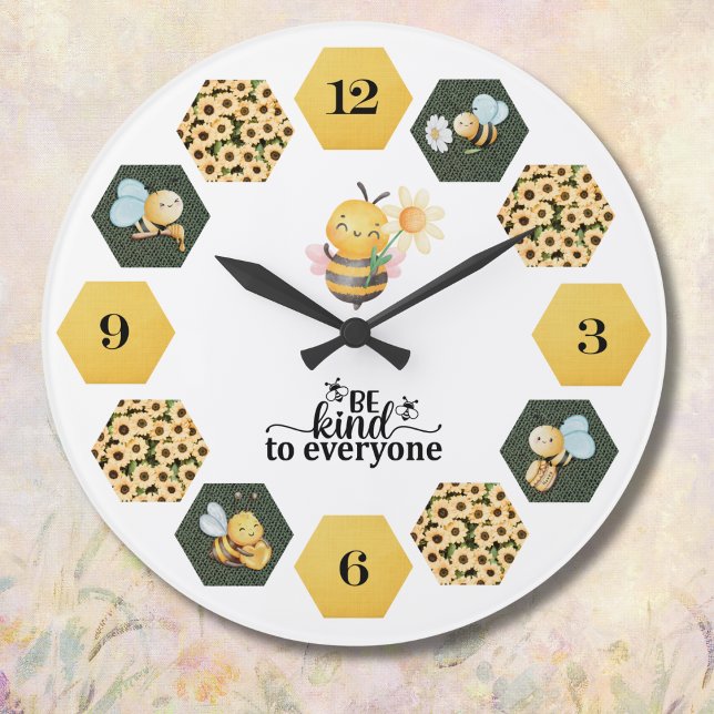 Whimsical Bee Sunflower and Honeycomb Große Wanduhr (Bring a touch of charm and kindness to your home with a bee-themed wall clock)