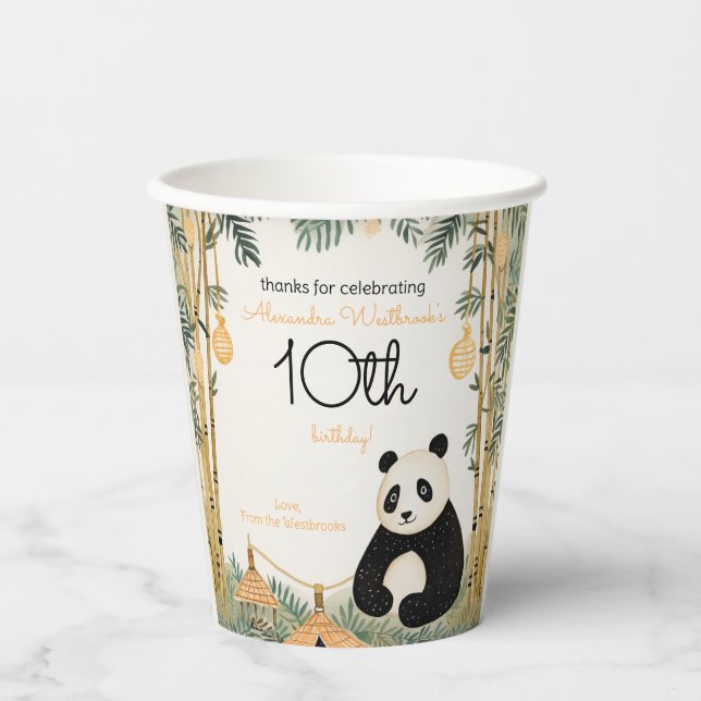Whimsical Beige Bamboo und Panda Birthday Party Pappbecher (Vorderseite)