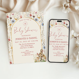 Whimsical Beige Wildblume Bunnies Babydusche Einladung