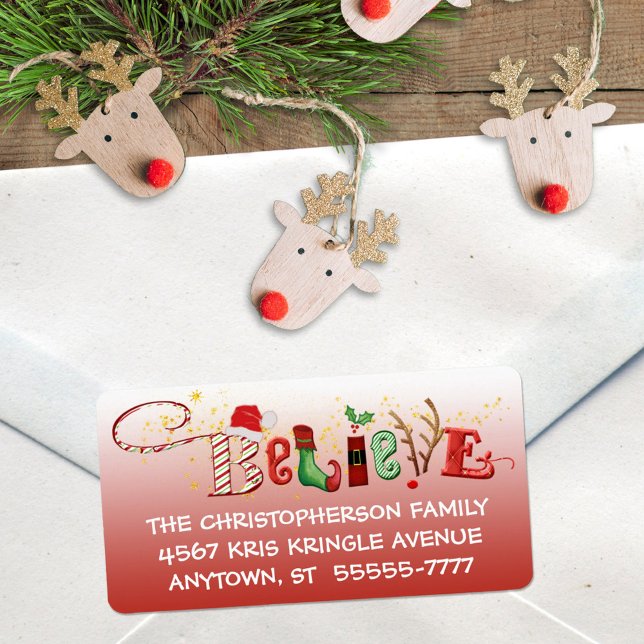 Whimsical BELIEVE, Red Ombre, Gold Sparkle Adressaufkleber (Von Creator hochgeladen)