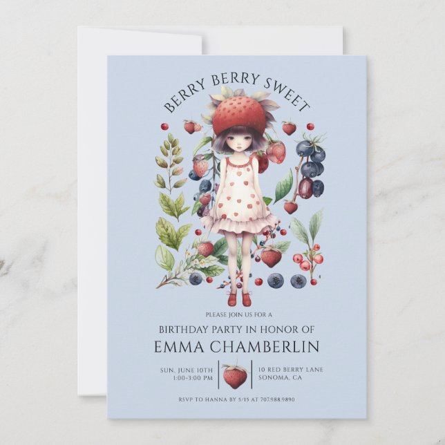 Whimsical Berry Sweet Girl's Birthday Party Einladung (Vorderseite)
