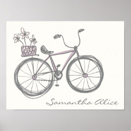 Whimsical Bicycle Illustration Lavender Graue Name Poster