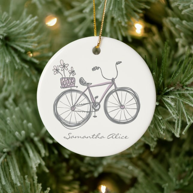 Whimsical Bicycle Illustration Lilac Gray Custom Keramik Ornament (Baum)