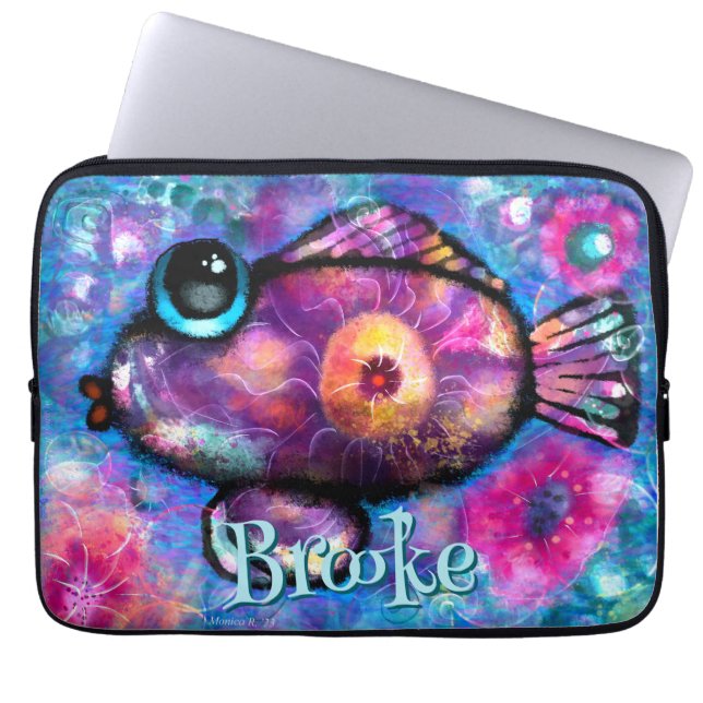 Whimsical Big Eye Fisch Aquamarin rosa Personalisi Laptopschutzhülle (Vorderseite)
