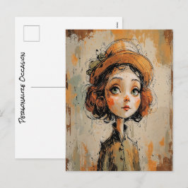 Whimsical Big Eye Girl Portrait Lady in Hat Art Feiertagspostkarte