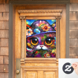 Whimsical Big-Eye Kat Kitty mit Hut Floral Fensteraufkleber