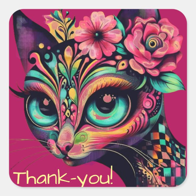 Whimsical Big Eye Retro Diva Kat Kitty Quadratischer Aufkleber (Vorderseite)