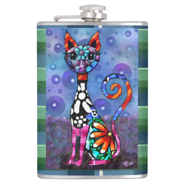 Whimsical Big-Eyed Funky Abstract Kitty Cat Flachmann (Vorderseite)
