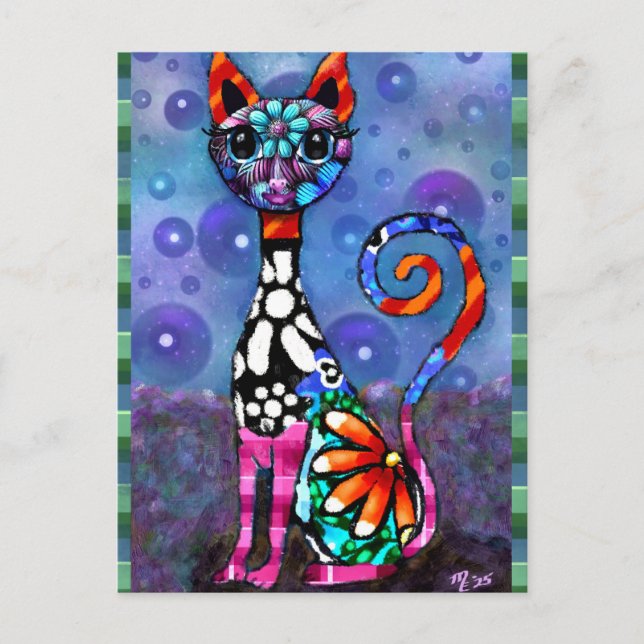 Whimsical Big-Eyed Funky Abstract Kitty Cat Postkarte (Vorderseite)