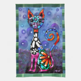 Whimsical Big-Eyed Funky Kitty Cat Abstract Geschirrtuch