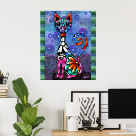 Whimsical Big-Eyed Funky Kitty Cat Abstract Poster