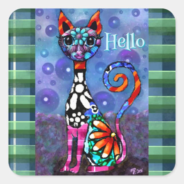 Whimsical Big-Eyed Funky Kitty Cat Personalized Quadratischer Aufkleber (Vorderseite)