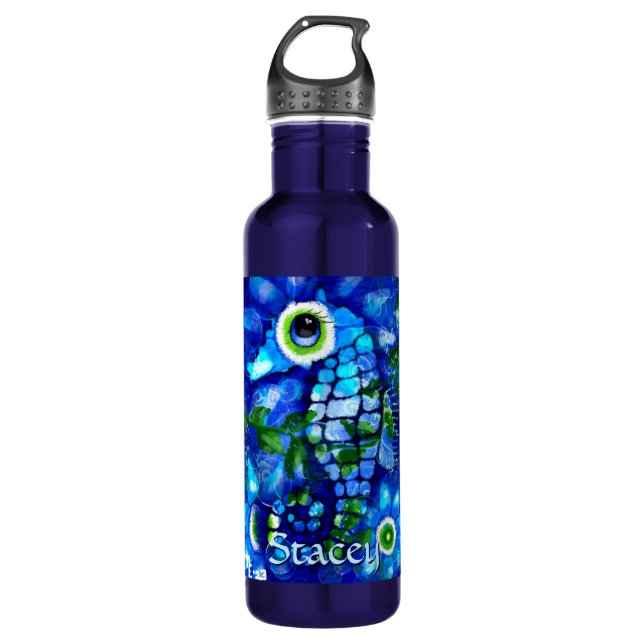 Whimsical Big-Eyes Seahorse Art Blue Personalized Edelstahlflasche (Vorderseite)