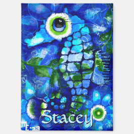 Whimsical Big-Eyes Seahorse Art Blue Personalized Magnet