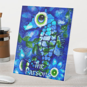 Whimsical Big Eyes Seepferd Art Blue Personalisier Sockelschild