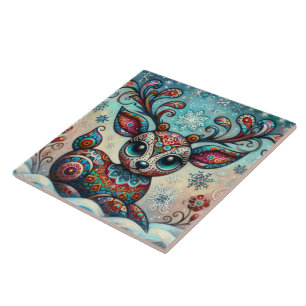 Whimsical Big Eyes Weihnachts Rentier Folklorekuns Fliese