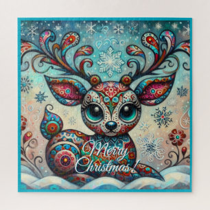 Whimsical Big Eyes Weihnachts Rentier Folklorekuns Puzzle