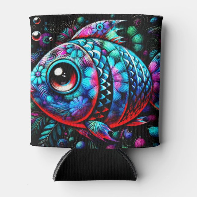 Whimsical Big-Mit Augen Floral Fisch Nautic Aquama Dosenkühler (Vorderseite)
