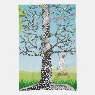 Whimsical Bird auf einem Baum Swing Kittuch Geschirrtuch