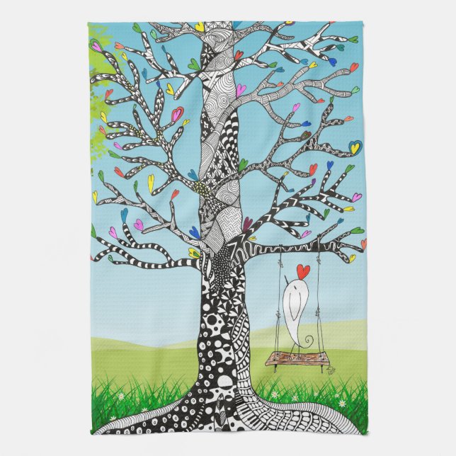 Whimsical Bird auf einem Baum Swing Kittuch Geschirrtuch (Vertikal)