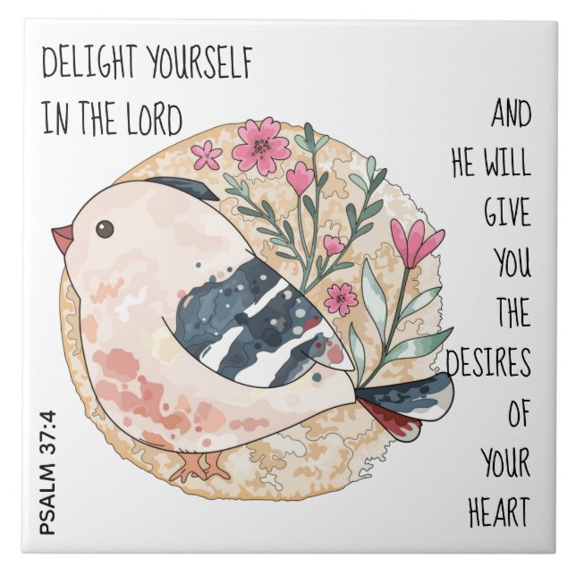 Whimsical bird & Blume, mit Verse aus Psalm 37:4 Fliese (Vorderseite)