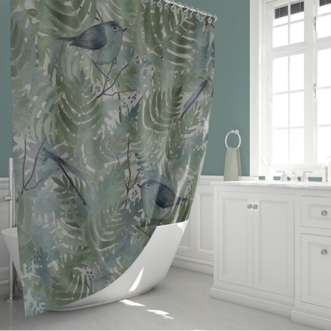Whimsical Bird Dragonflies Blue Fern Pflanze Blues Duschvorhang (Whimsical Bird Dragonflies Blue Fern Plants Floral Shower Curtain from Studio Posies.)