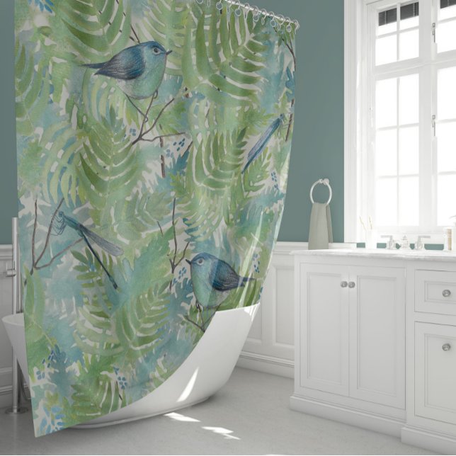 Whimsical Bird Dragonflies Blue Fern Pflanze Blues Duschvorhang (Elegant Birds Dragonflies Blue Fern Plants Floral Shower Curtain from Studio Posies.)
