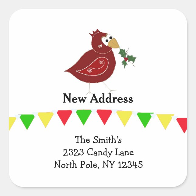 Whimsical Bird New Address Quadratischer Aufkleber (Vorderseite)