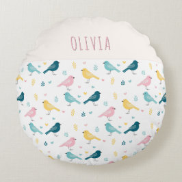 Whimsical Bird Pattern Personalized Pink & Teal Rundes Kissen